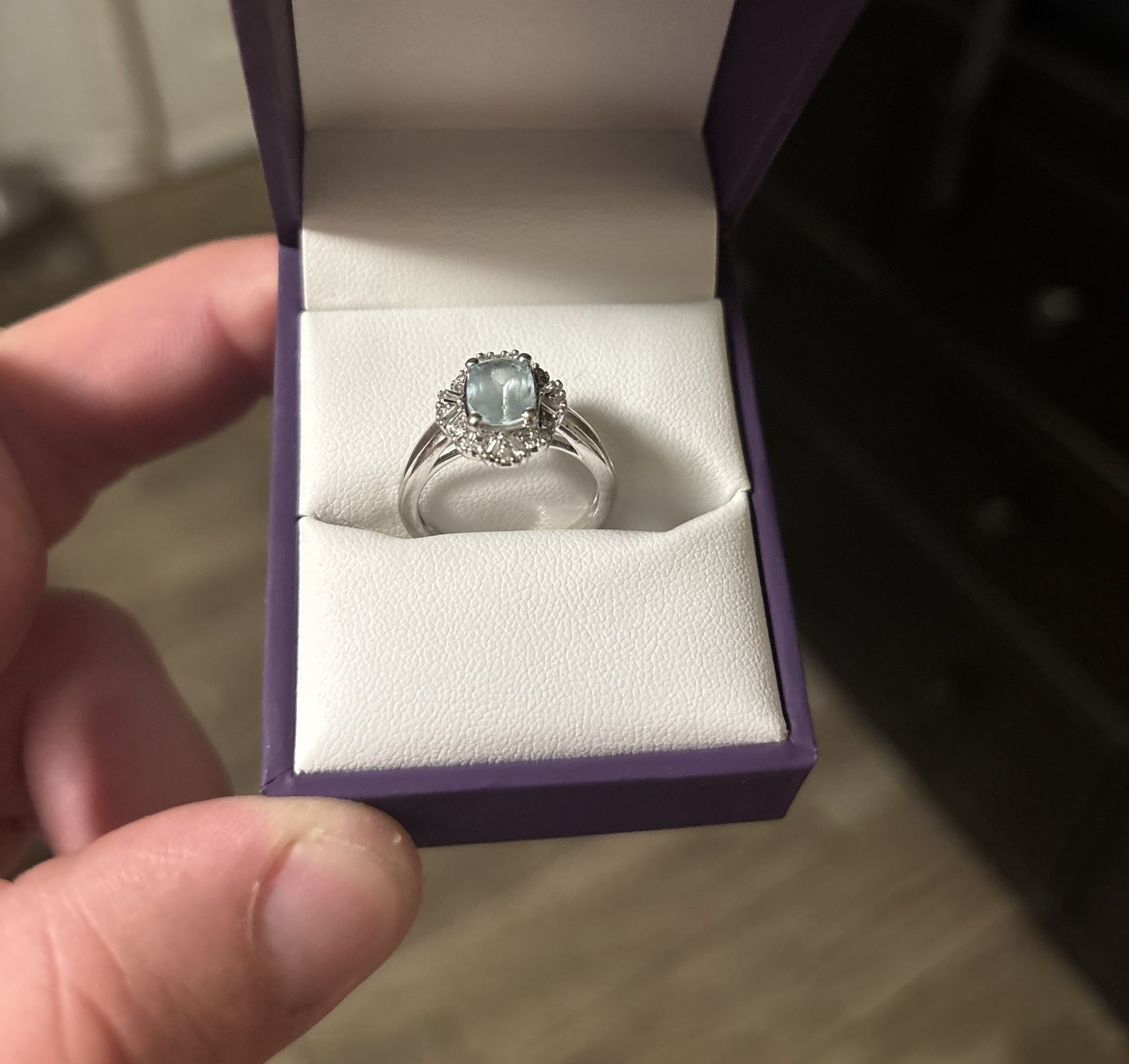 Women’s Wedding Ring Size 7.5 White Gold, Aquamarine, 1/4ct Diamonds