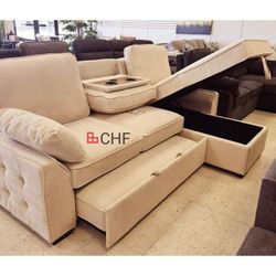 91"W Beige Chenille REVERSIBLE Sleeper Sectional with Storage Chaise, Drop-Down Table, Cup Holders and Charging PortsSectional Couch Sleeper Sofa Love