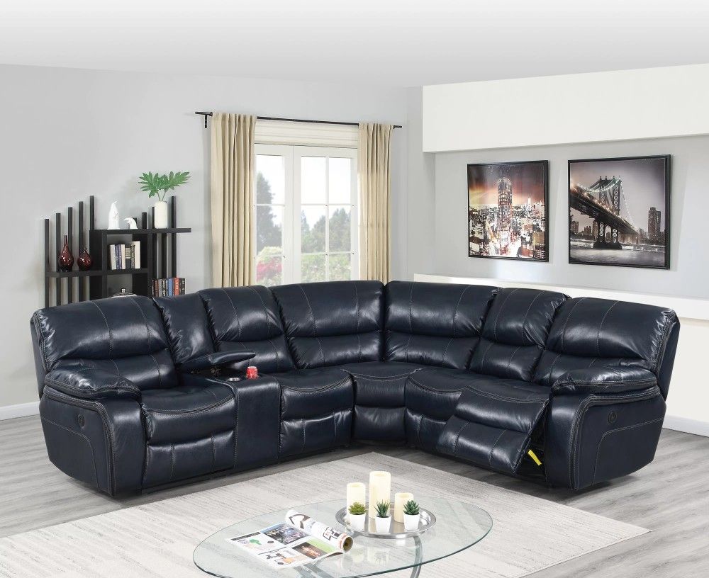 Brand New Blue Leather Power Reclining Sectional Sofa 