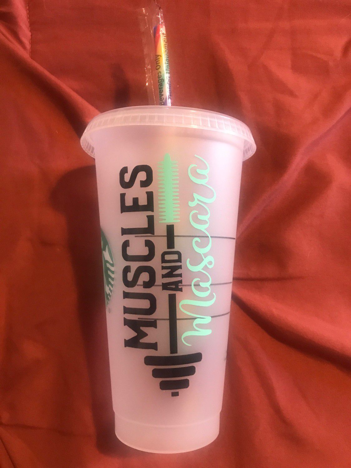Starbucks personalized cup, muscles and mascara