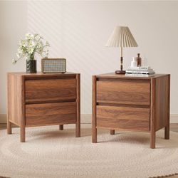 2 Nightstands Set with Drawers WALNUT Mid Century Bedside End Tables