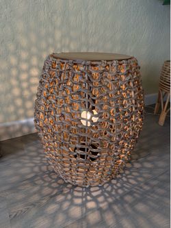 Natural Woven Accent Table with Round Wood Drum Design