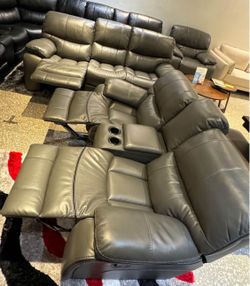 Holiday sale. Madrid, gray leather reclining sofa and loveseat set only $1299. Easy finance option. Same day delivery.