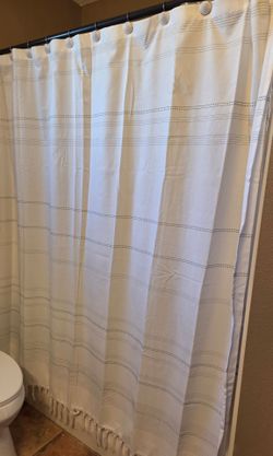 White Cream Striped Shower Curtain with Fringe