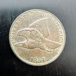 1857 antique XF+/ almost uniculated details flying eagle copper cent, dark