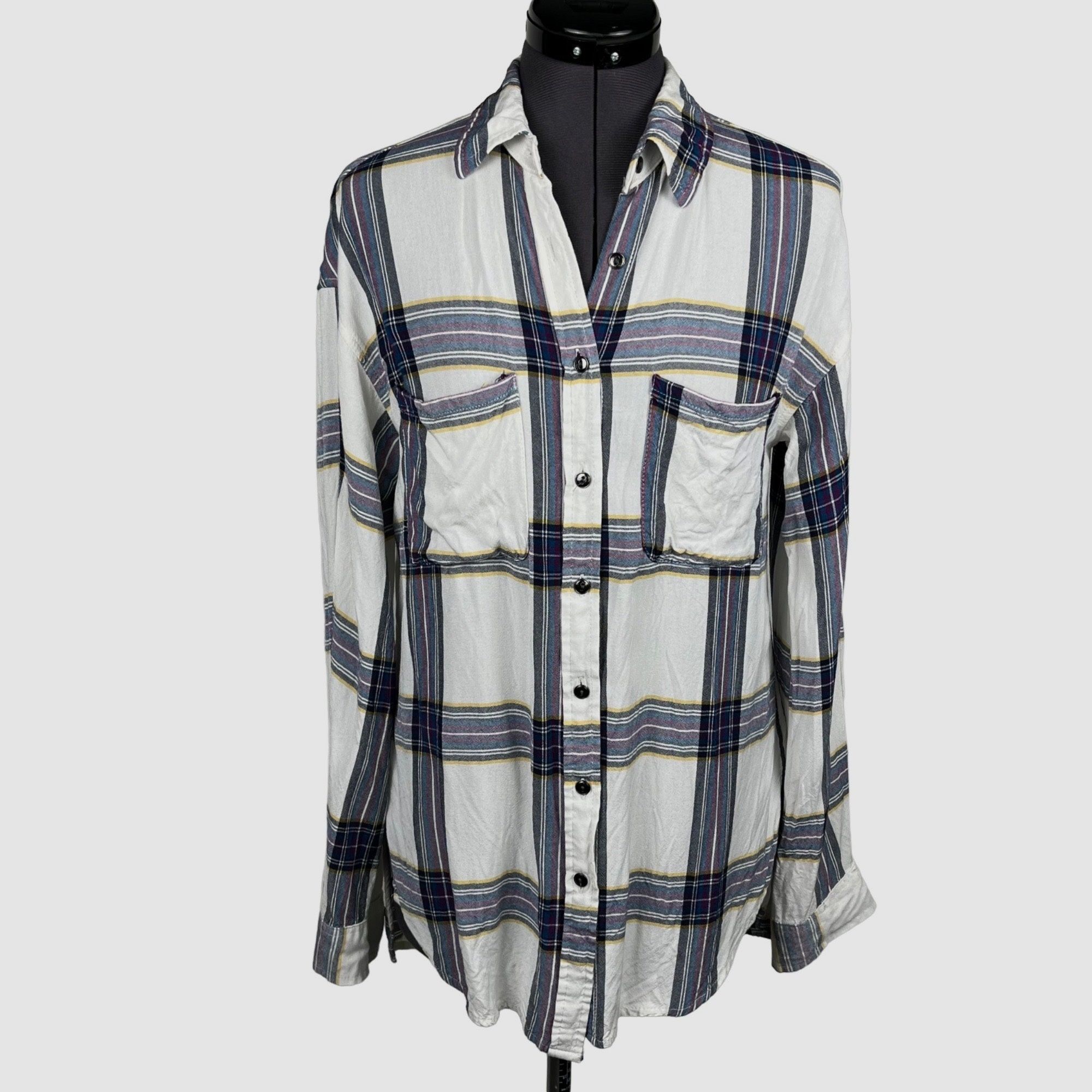 Cato Plaid Button-Front Shirt Cinched-Back Long-Sleeve Casual Size S