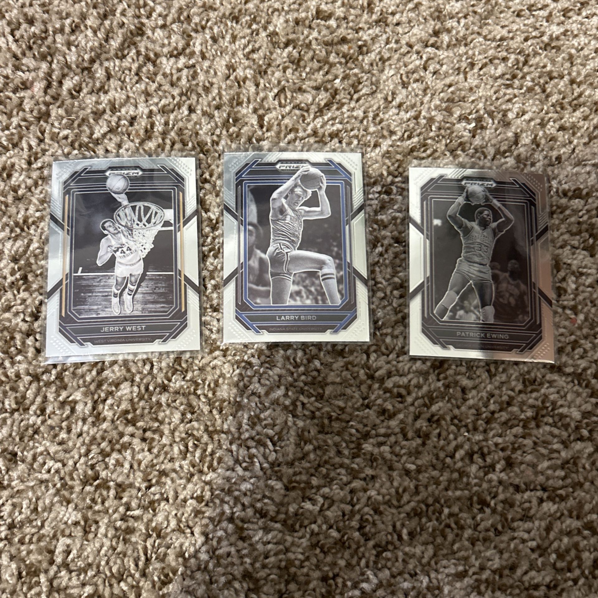 Prizm Larry Bird, Jerry West, Patrick Ewing College Cards