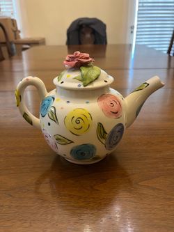 Droll Designs Hand-Painted Ceramic Teapot with Rose Lid - Vintage