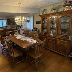 6 Seat Dining Table With Matching Large Armoire (Plates Not Included) Must Go! 200$