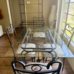 Ethan Allen Glass Dining Table Set, 4 Chairs, W/ Shelves Wine Rack