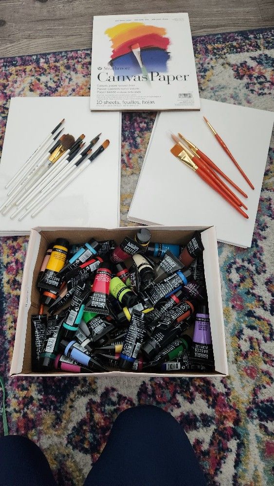 Full Paint Art Set Including Paint Brushes, Pallet Knives, And Canvases 