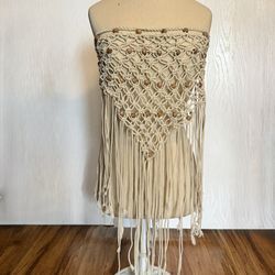 Vintage Boho Macrame Fringe Cover-Up Skirt/Top Brown Adjustable Tie