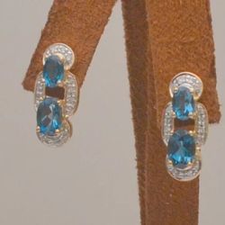 Blue topaz and diamond earrings preowned 14k yellow