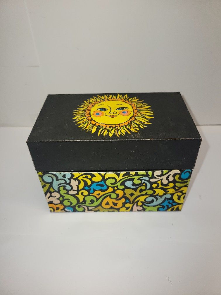 Vintage Ohio Art Groovy Sun Face MCM Psychedelic Hippie Print Tin Recipe Box 60s