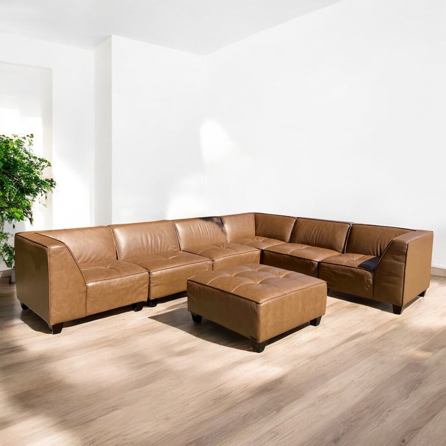 🏷FURNITURE OUTLET | Abbyson Wallingford 7-piece Leather Modular Sectional with Ottoman, Brown 💥