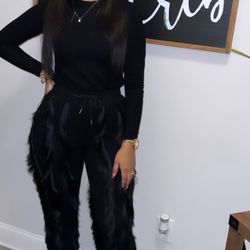 Black Fringe Pant Set With Top 