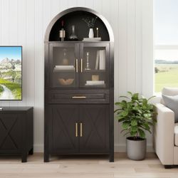 Brand New Sealed 71" Tall Arched Kitchen Pantry Black Farmhouse Cabinet