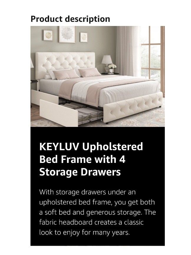 Queen Upholstered Bed Frame with 4 Storage Drawers