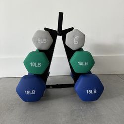 Dumbbell Free Hand Weight Set with Rack 5, 10, and 15 Pound Neoprene