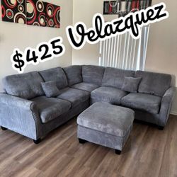 ✅️✅️ 4pc dark Grey corduroy fabric sectional sofa with rounded arms and ottoman ✅️✅️