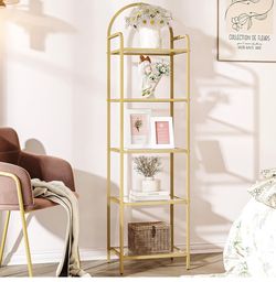 Hzuaneri Bookcase Bookshelf, Tempered Glass Bookshelves, Slim Shelving Unit for Bedroom, Bathroom, Home Office, Steel Frame, 5 Tier Gold BC05001G