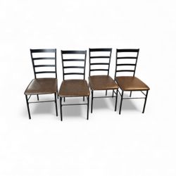 A Set Of 4 Matching Black Metal Brown Leather Cushion Seats Like Brand New