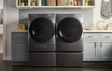 Like-New Whirlpool Smart Washer & Dryer Set + Storage Pedestals