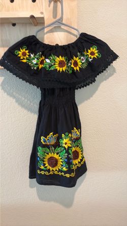 Girls Black Off-Shoulder Embroidered Sunflower Dress