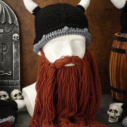 Xtinmee 4 Pcs Knit Beard Hats Viking Beard Hat Beanie Viking Horns Facemask Bearded Caps