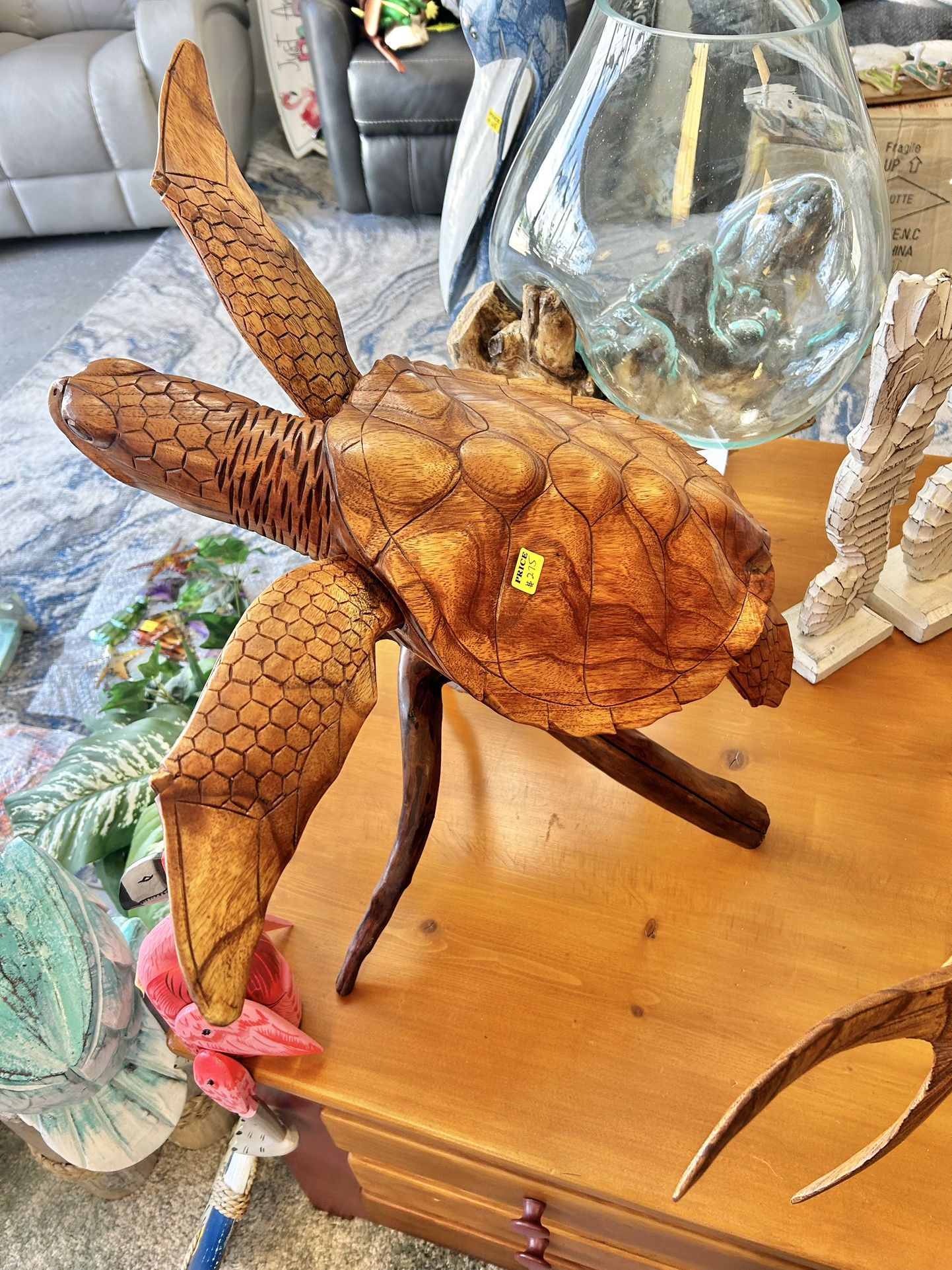New Large Carved Mahogany Turtle On Stand