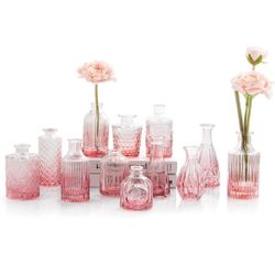 Pink Glass Bud Vases Set of 12, Mini Flower Vase for Centerpieces, Small Vases in Bulk for Wedding Decorations, Vintage Vase for Table, Home Décor 