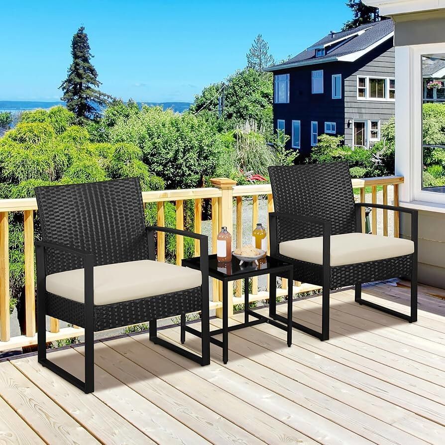 3 Pieces Rattan Bistro Set, Outdoor Wicker Patio Modern Conversation Furniture, 2 Chairs & Tempered Glass Coffee Table for Garden, Balcony, Backyard,