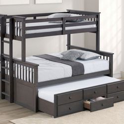 Brand New Grey Twin Over Full Bunk Bed w Trundle Bed + Drawers 