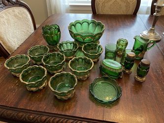 Antique Green Glass Tableware Set with Gold Trim