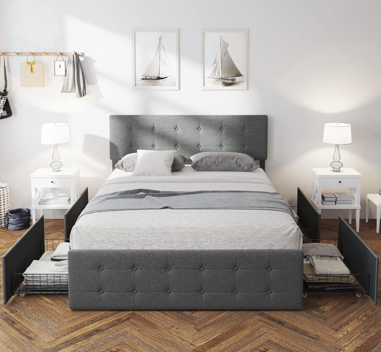 Queen Bed Frame with 4 Storage Drawers