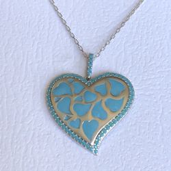925 Silver hearts in a heart enamel turquoise necklace
