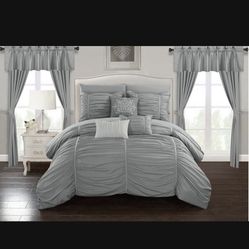 Chic Home Avila 20 Piece Comforter Set Ruffled Ruched Designer Bag Bedding-Sheets Window Treatments Decorative Pillows Shams Included, King, Grey