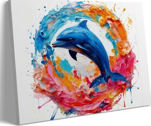New 16*24” Framed Unique Abstract Dolphin Canvas Wall Art,Vibrant Splash Paint Decor Ocean Poster