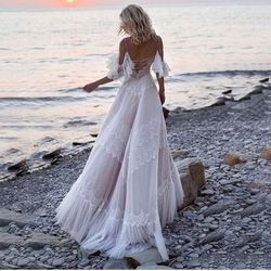 NWT Women's Wedding Dresses Chic Lace Evening Dresses V Neck Ruffle Sleeves Beachy Boho Outdoorsy Wedding Gowns
