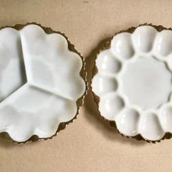 2 White Milk Glass Serving Dishes Deviled Egg Plate + Divided Dish Gold Trim