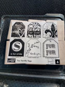 "Stampin' Up!" Too Terrific Tags - Wood Mounted Rubber Stamp Set of 6