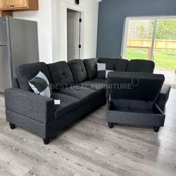 Charcoal Linen Sectional Couch And Ottoman 