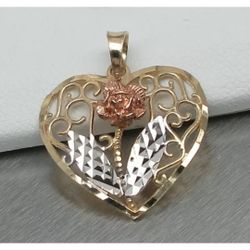 Solid 10K Gold Tri Tone Diamond Cut Rose Heart Pendant .