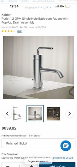 Kohler Purist 1.2 GPM Single Hole Bathroom Faucet with Pop-Up Drain Assembly