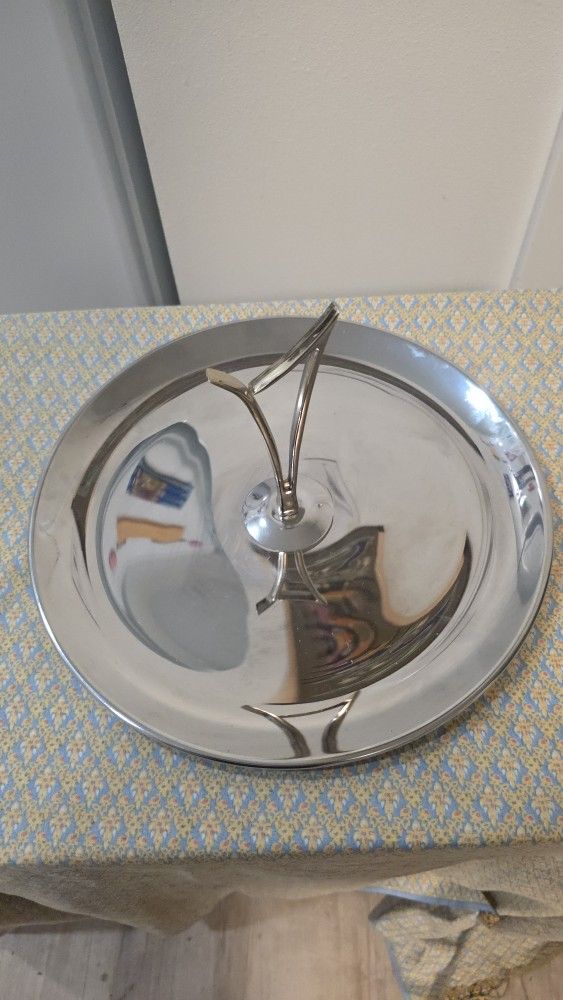 Mid-Century Modern Chrome Serving Tray w/ Sculptural Y Handle | Atomic Era Barware
