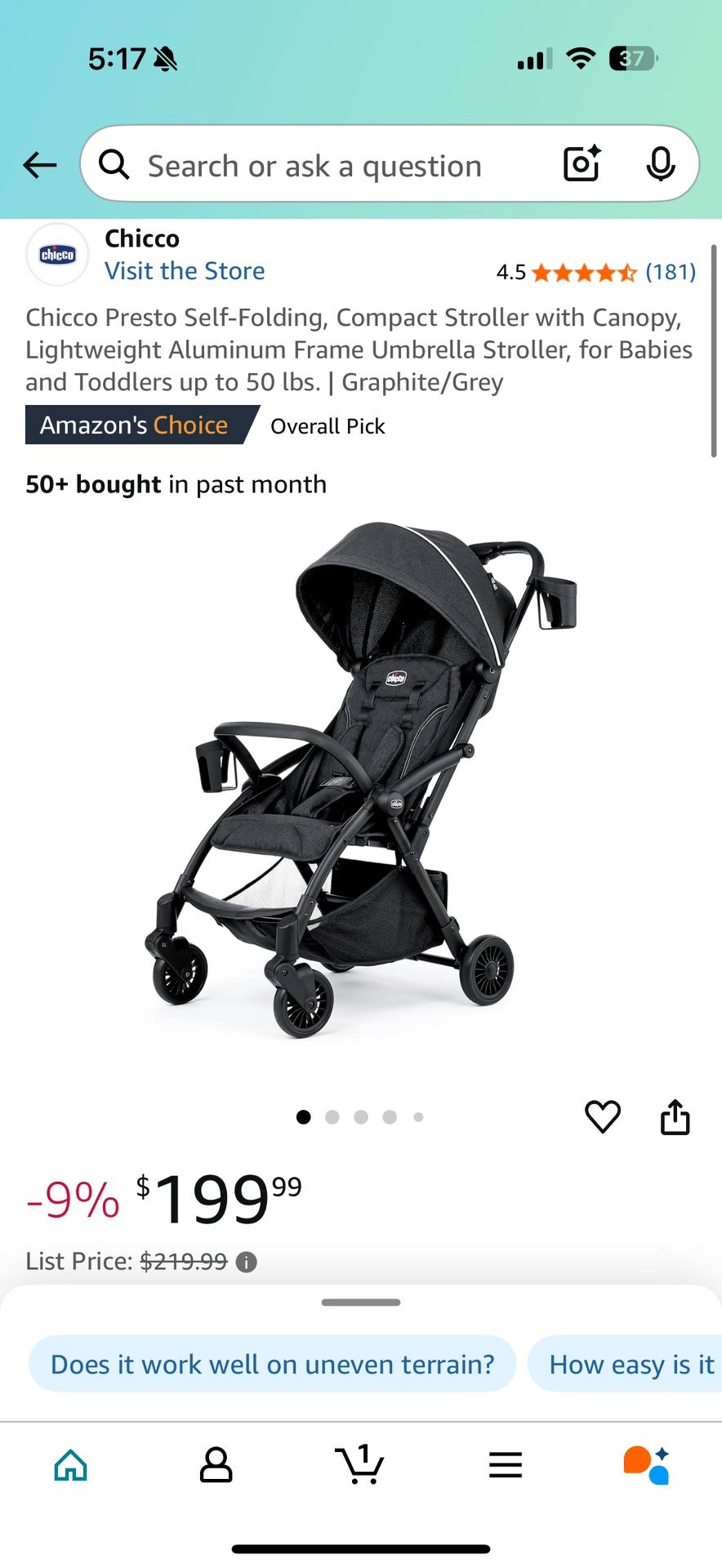 New Chicco Presto Self-Folding Compact Stroller – Graphite (Never Used)
