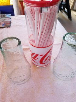 Retro Coca Cola Straw Dispenser w/2 Glasses - PRICE DROP