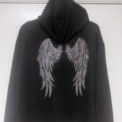 Juniors Black Rhinestone Wings Hoodie