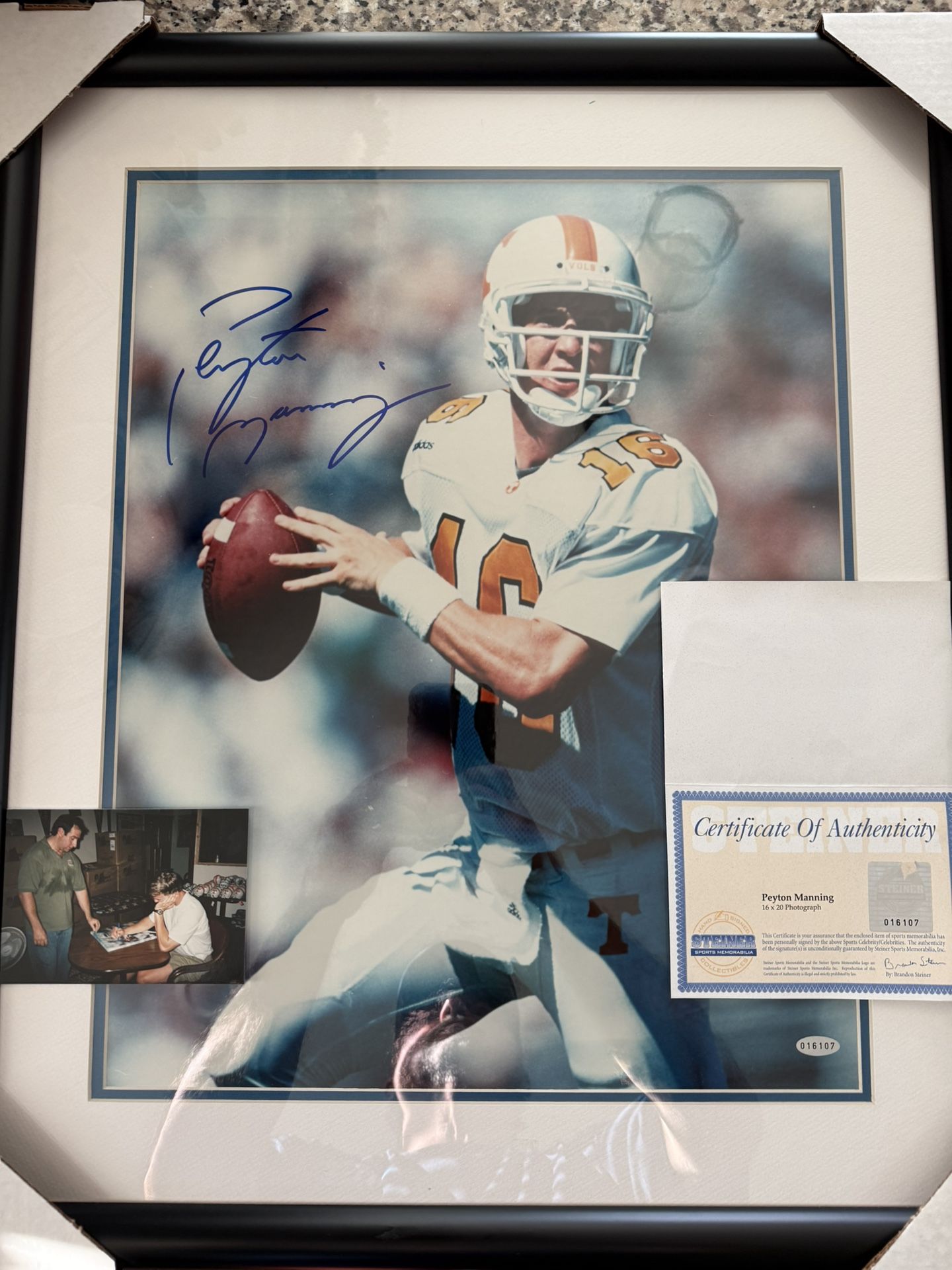 Peyton Manning Signed College Tennessee Volunteers Framed 16x20 Photo Steiner Certified Mint Bold Blue Autograph