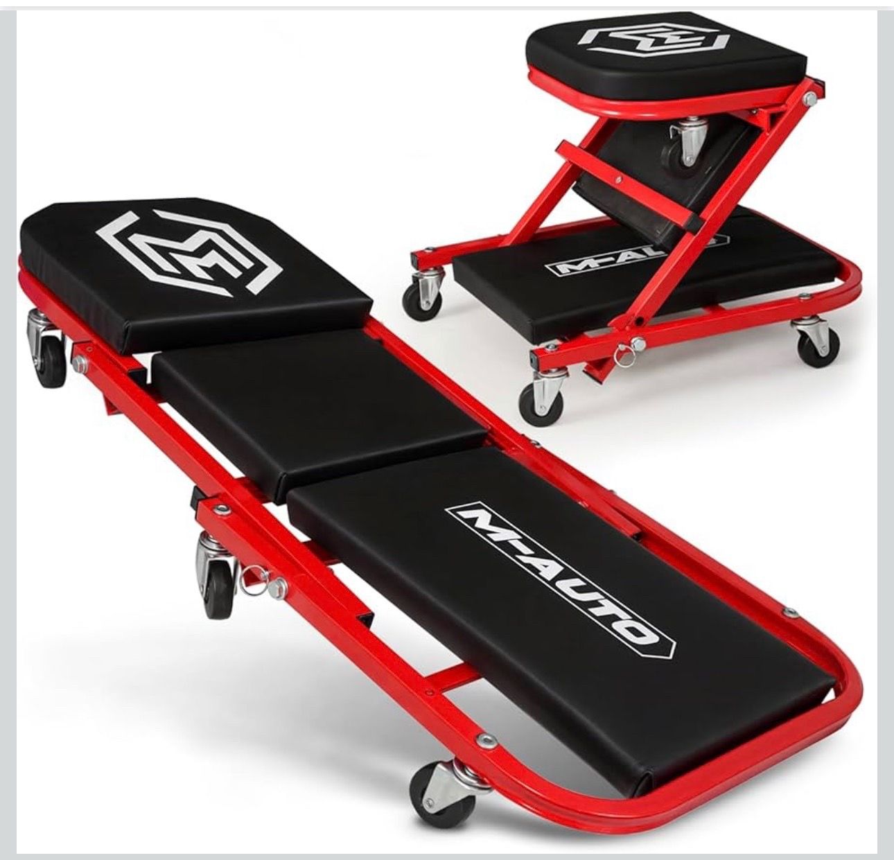 M-AUTO Foldable Z Creeper 2-in-1 Rolling Folding Car Creeper & Seat, 36" Adjustable Roller Garage Chair Lay Down or Sit, 330LBS Capacity Under Car Rol